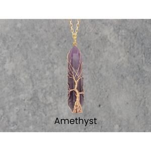 Amethyst Gold Tree of Life Crystal Wrapped Necklace Boho Fairycore